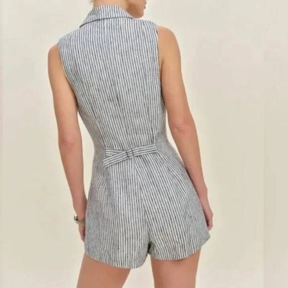Reformation Women's Striped Sleeveless Leila Linen Romper Blue White Sz 10 - Picture 3 of 11